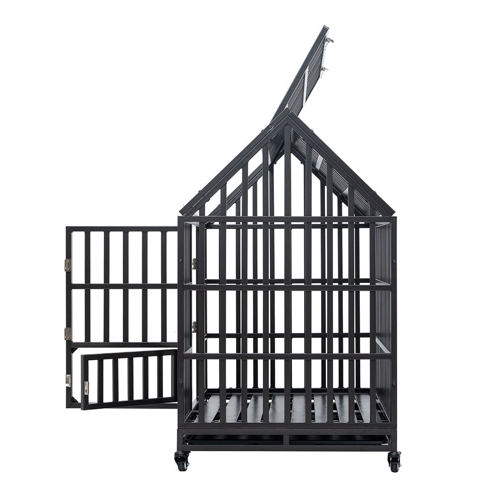 Heavy Duty Carbon Steel Dog Kennel Cage Crate W/ Sloped Roof And Wheels, 48