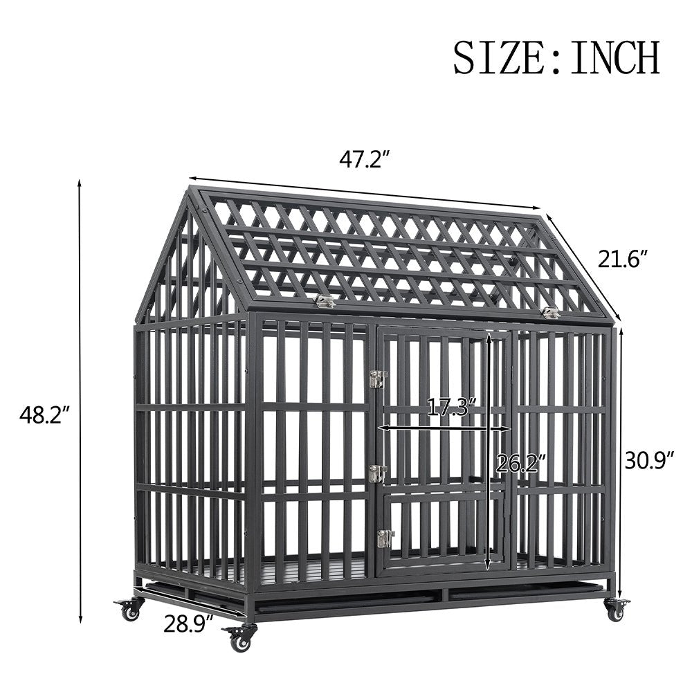 Heavy Duty Carbon Steel Dog Kennel Cage Crate W/ Sloped Roof And Wheels, 48