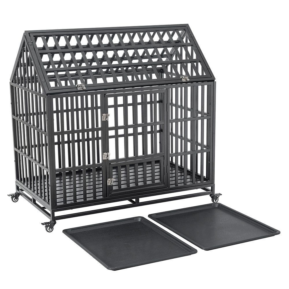 Heavy Duty Carbon Steel Dog Kennel Cage Crate W/ Sloped Roof And Wheels, 48