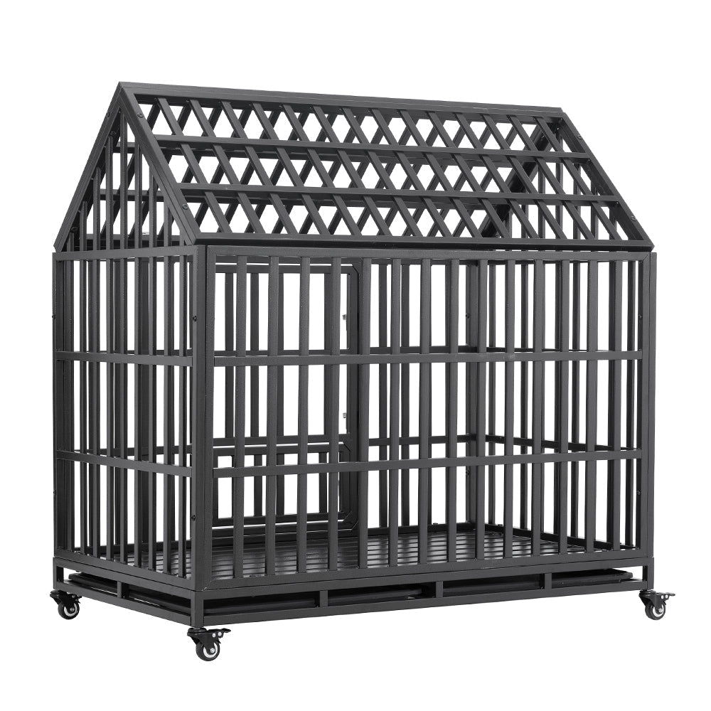 Heavy Duty Carbon Steel Dog Kennel Cage Crate W/ Sloped Roof And Wheels, 48