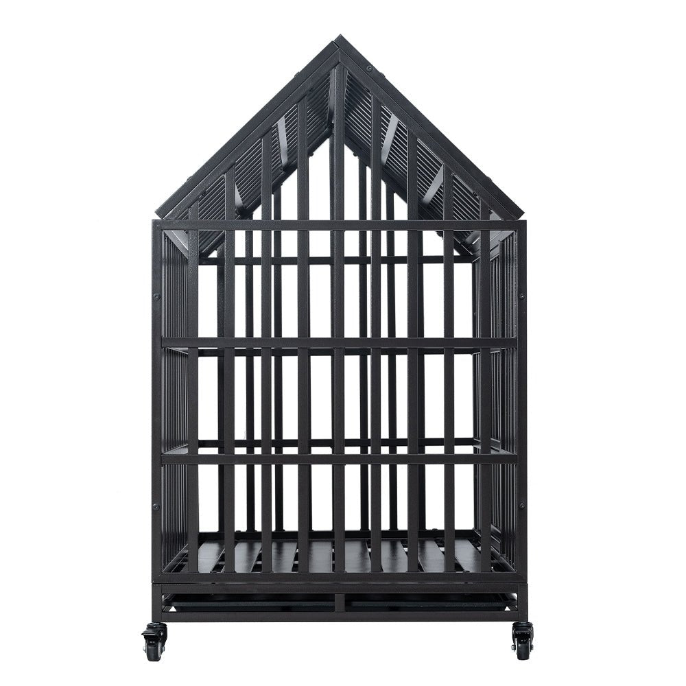 Heavy Duty Carbon Steel Dog Kennel Cage Crate W/ Sloped Roof And Wheels, 48