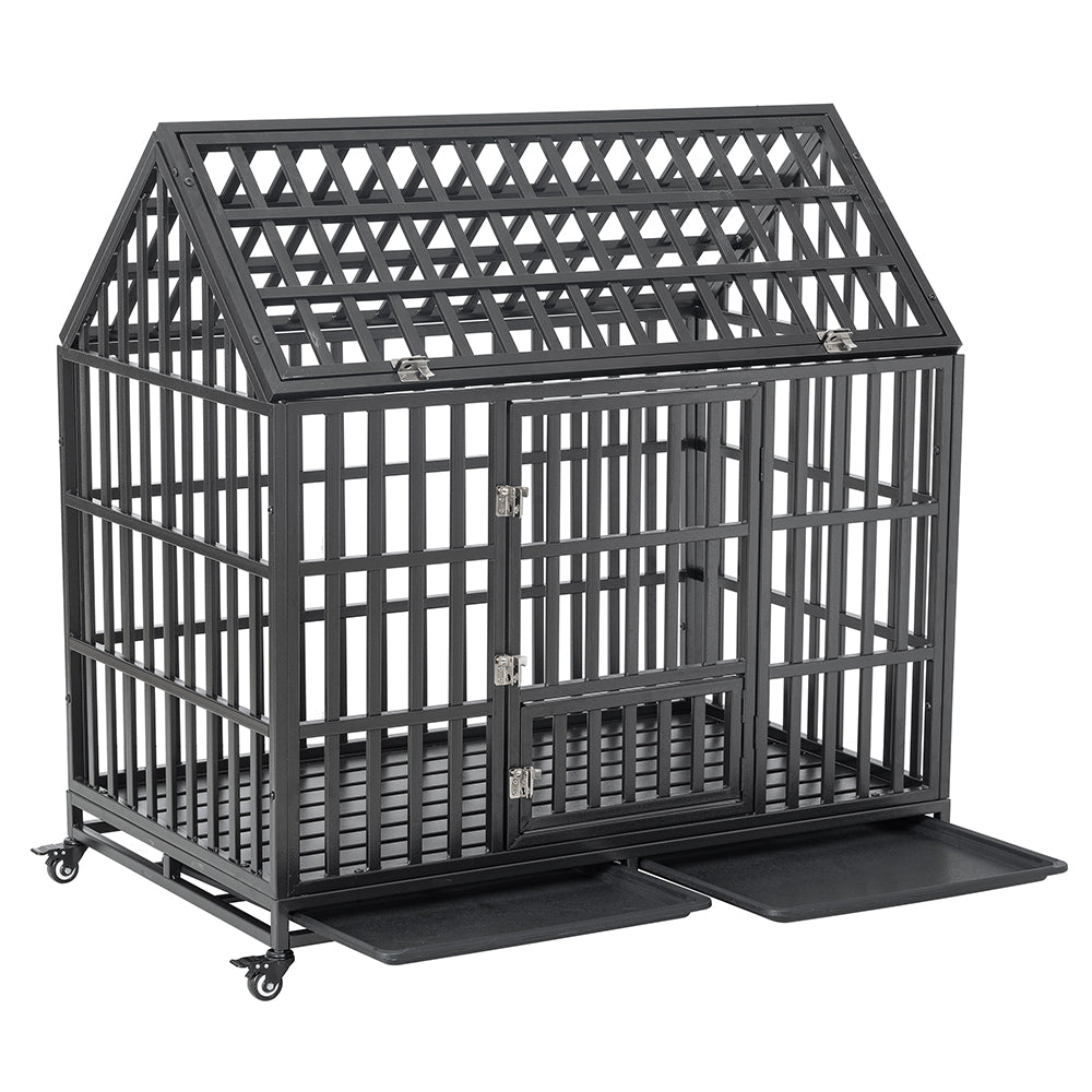 Heavy Duty Carbon Steel Dog Kennel Cage Crate W/ Sloped Roof And Wheels, 48