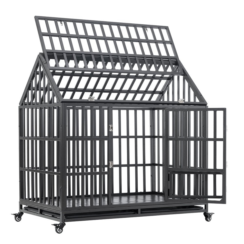 Heavy Duty Carbon Steel Dog Kennel Cage Crate W/ Sloped Roof And Wheels, 48