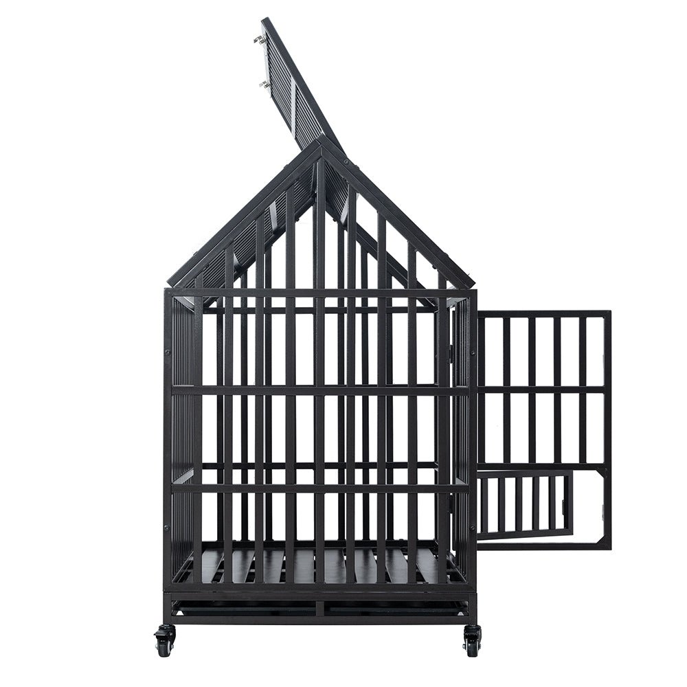 Heavy Duty Carbon Steel Dog Kennel Cage Crate W/ Sloped Roof And Wheels, 48