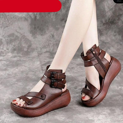 High Quality Soft PU Leather Summer Shoes Women Sandals Platform Shoe Retro Sandals Women Soft Leather Vintage Summer Outdoor Athletic Comfort Flat Sandals Non-Slip Platform Shoes