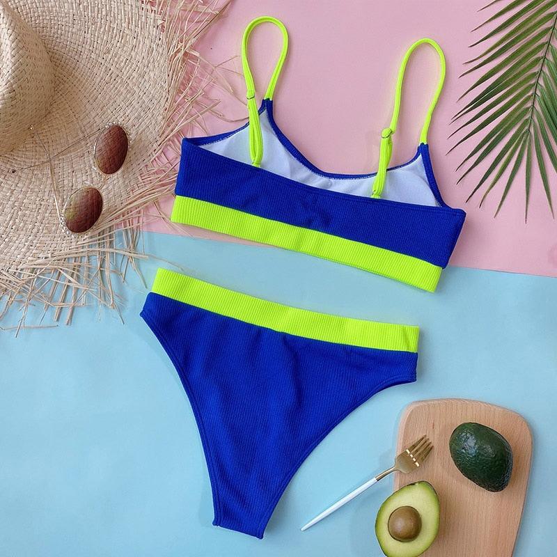 High Waist Bikini Swimsuits Women Push Up Swimwear Ribbed Bathing Suit Strap Bikinis Set Beachwear High Waist Bathing Suit Full Coverage Two Piece Swimsuit