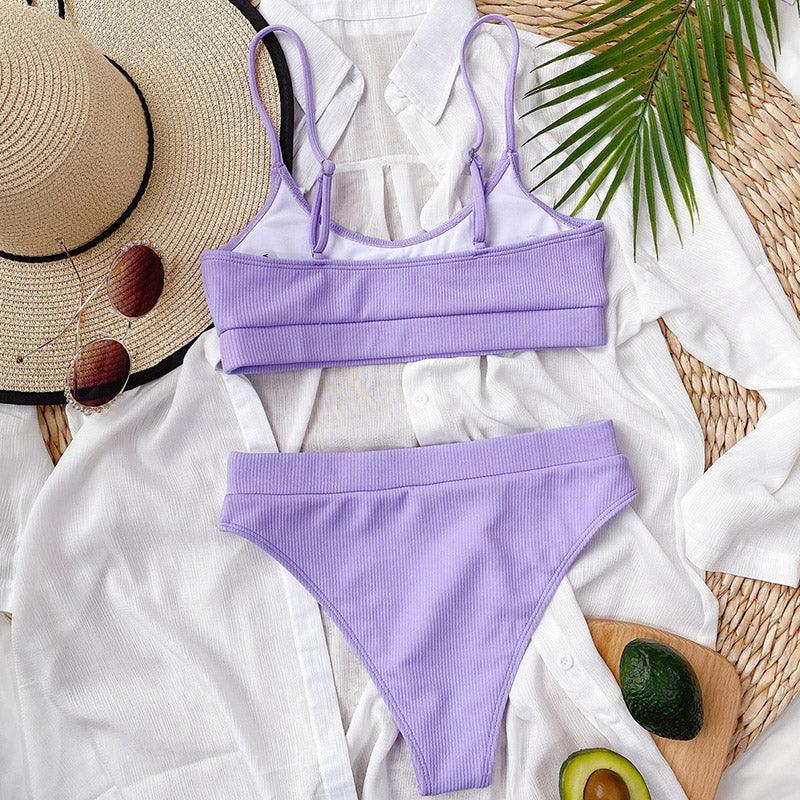 High Waist Bikini Swimsuits Women Push Up Swimwear Ribbed Bathing Suit Strap Bikinis Set Beachwear High Waist Bathing Suit Full Coverage Two Piece Swimsuit