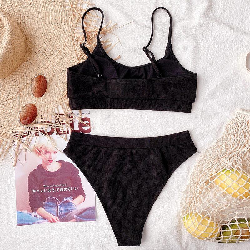 High Waist Bikini Swimsuits Women Push Up Swimwear Ribbed Bathing Suit Strap Bikinis Set Beachwear High Waist Bathing Suit Full Coverage Two Piece Swimsuit