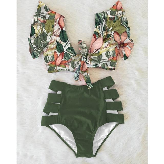 High Waist Ruffled Bikini Set Flounce Bikini Swimwear Women's Cute Ruffle 2 Piece Bathing Suits Elegant Bikini Swimsuits With Cheeky Floral Women Two Pieces Swimsuit Floral Beachwear V-Neck Bathing Suit