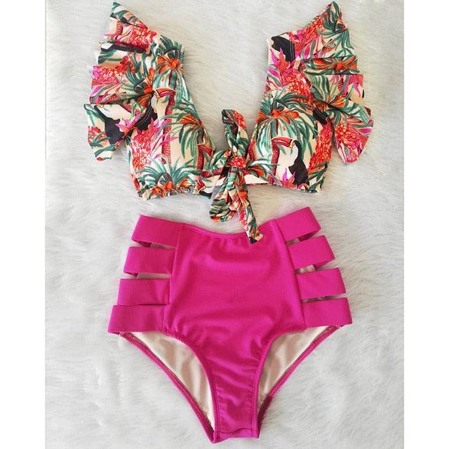 High Waist Ruffled Bikini Set Flounce Bikini Swimwear Women's Cute Ruffle 2 Piece Bathing Suits Elegant Bikini Swimsuits With Cheeky Floral Women Two Pieces Swimsuit Floral Beachwear V-Neck Bathing Suit