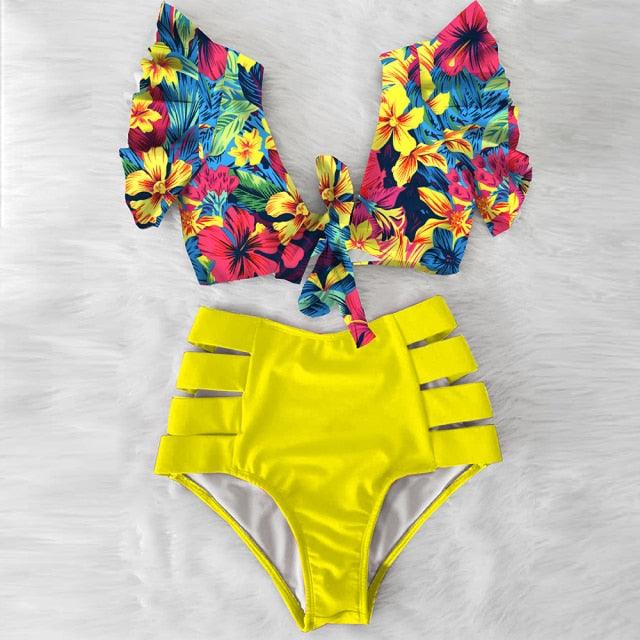 High Waist Ruffled Bikini Set Flounce Bikini Swimwear Women's Cute Ruffle 2 Piece Bathing Suits Elegant Bikini Swimsuits With Cheeky Floral Women Two Pieces Swimsuit Floral Beachwear V-Neck Bathing Suit