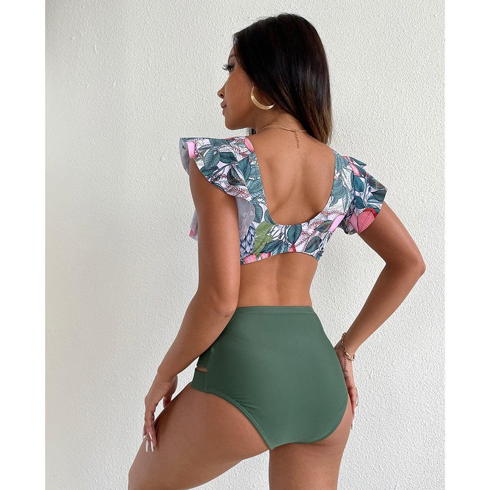 High Waist Ruffled Bikini Set Flounce Bikini Swimwear Women's Cute Ruffle 2 Piece Bathing Suits Elegant Bikini Swimsuits With Cheeky Floral Women Two Pieces Swimsuit Floral Beachwear V-Neck Bathing Suit