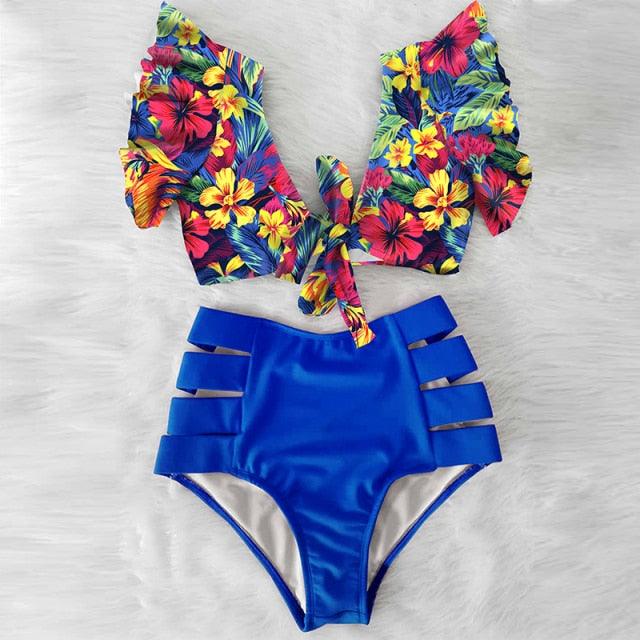 High Waist Ruffled Bikini Set Flounce Bikini Swimwear Women's Cute Ruffle 2 Piece Bathing Suits Elegant Bikini Swimsuits With Cheeky Floral Women Two Pieces Swimsuit Floral Beachwear V-Neck Bathing Suit