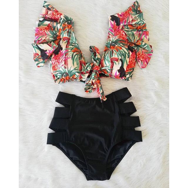 High Waist Ruffled Bikini Set Flounce Bikini Swimwear Women's Cute Ruffle 2 Piece Bathing Suits Elegant Bikini Swimsuits With Cheeky Floral Women Two Pieces Swimsuit Floral Beachwear V-Neck Bathing Suit