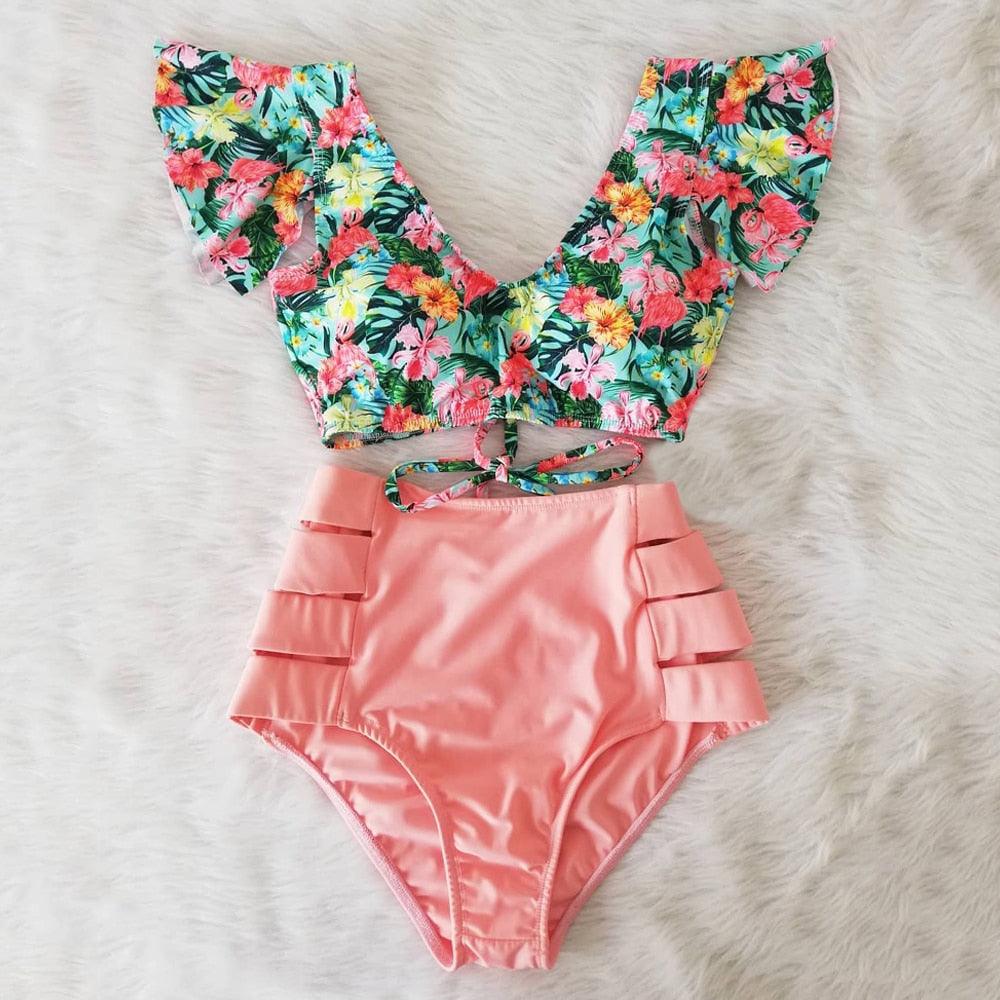 High Waist Ruffled Bikini Set Flounce Bikini Swimwear Women's Cute Ruffle 2 Piece Bathing Suits Elegant Bikini Swimsuits With Cheeky Floral Women Two Pieces Swimsuit Floral Beachwear V-Neck Bathing Suit