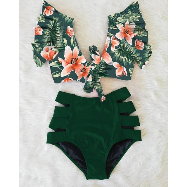 High Waist Ruffled Bikini Set Flounce Bikini Swimwear Women's Cute Ruffle 2 Piece Bathing Suits Elegant Bikini Swimsuits With Cheeky Floral Women Two Pieces Swimsuit Floral Beachwear V-Neck Bathing Suit