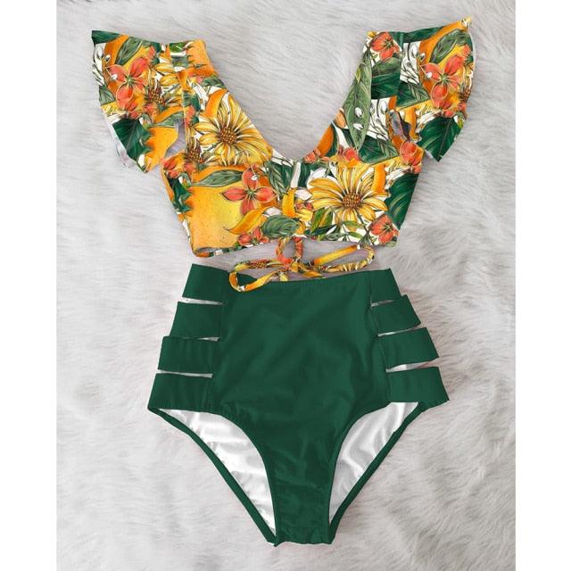 High Waist Ruffled Bikini Set Flounce Bikini Swimwear Women's Cute Ruffle 2 Piece Bathing Suits Elegant Bikini Swimsuits With Cheeky Floral Women Two Pieces Swimsuit Floral Beachwear V-Neck Bathing Suit