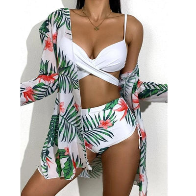 High-Waist Swimwear Set Summer Floral Print Bikini Swimsuit Beachwear Women Push-Up Bathing Suit Tie Dye 3 Pieces Strings High Cut Bikini Set Bathing Suits