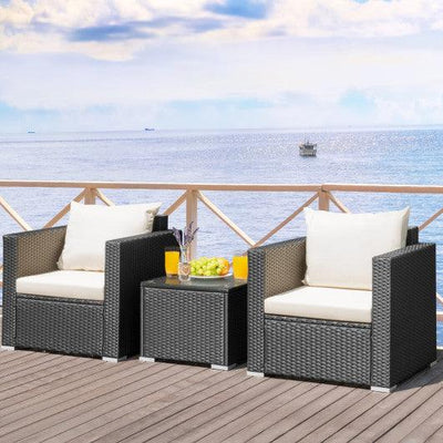3 Pieces Patio Wicker Conversation Set with Cushion-White