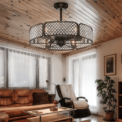 30 Inch Caged Ceiling Fan With Light Crystal Lampshade 6 Light Bases-Brown
