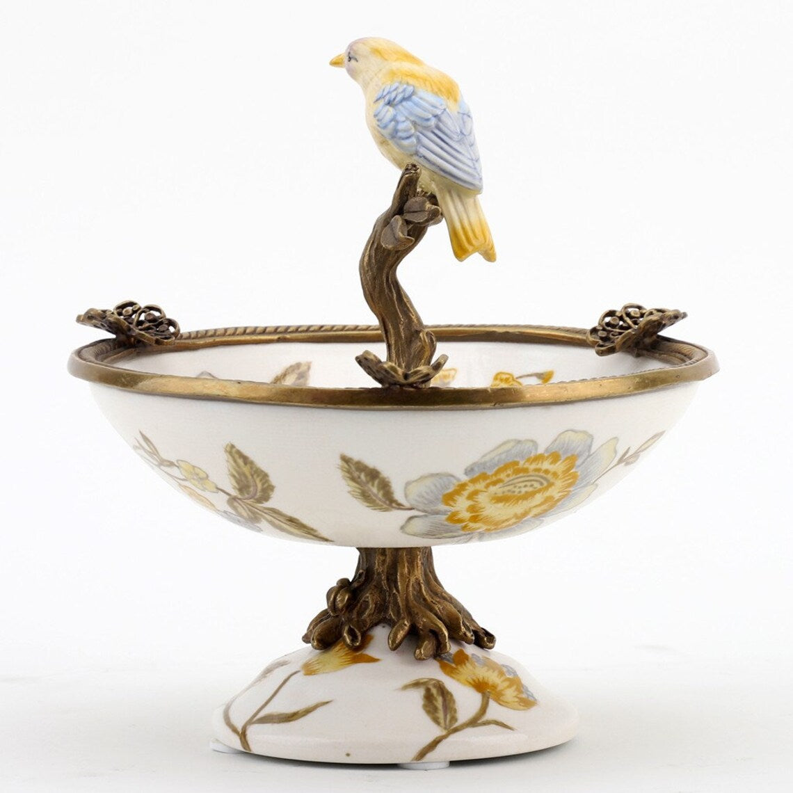 Ormolu Porcelain Bird Dish with Bronze - Yellow Floral
