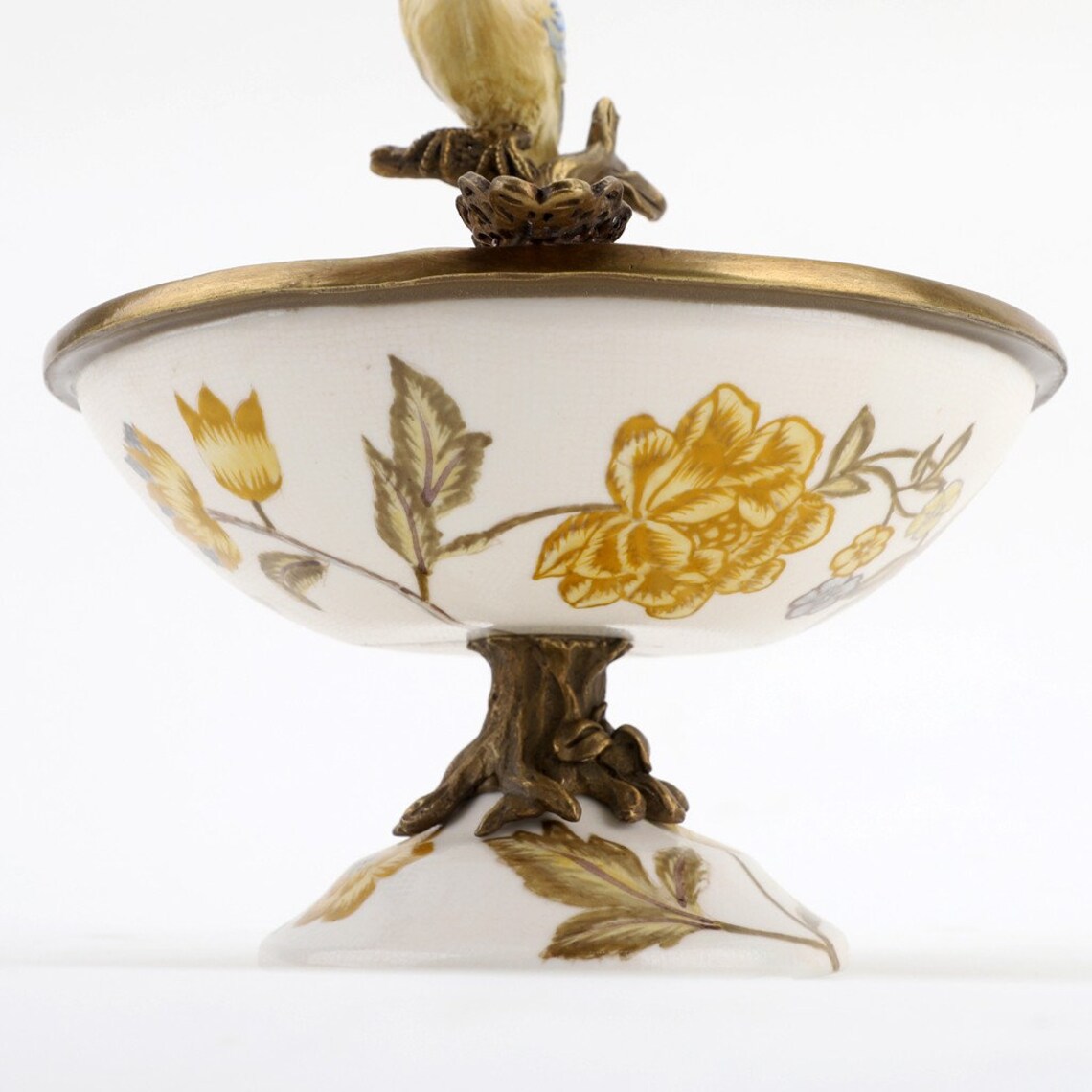 Ormolu Porcelain Bird Dish with Bronze - Yellow Floral