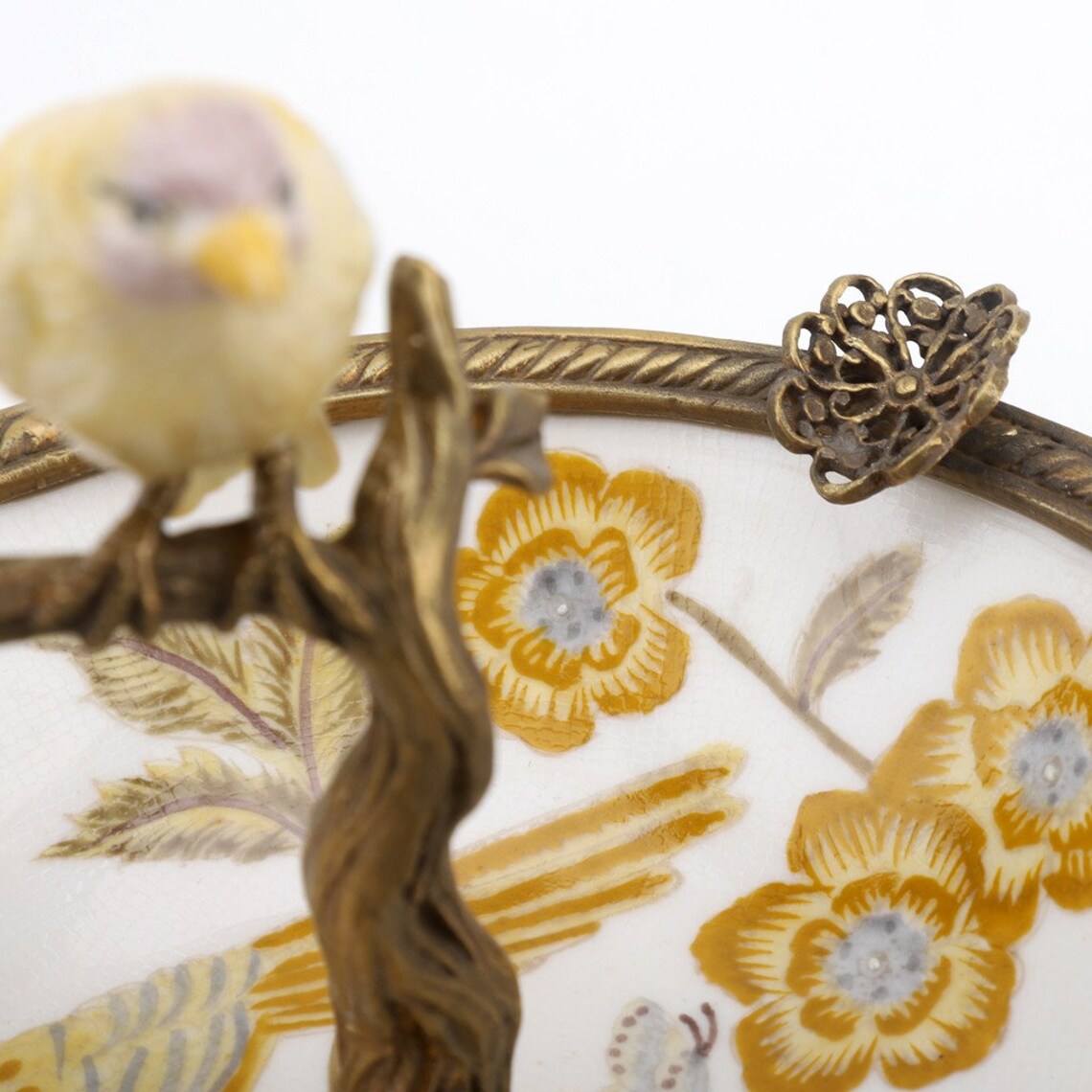 Ormolu Porcelain Bird Dish with Bronze - Yellow Floral