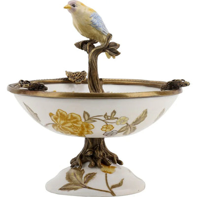 Ormolu Porcelain Bird Dish with Bronze - Yellow Floral