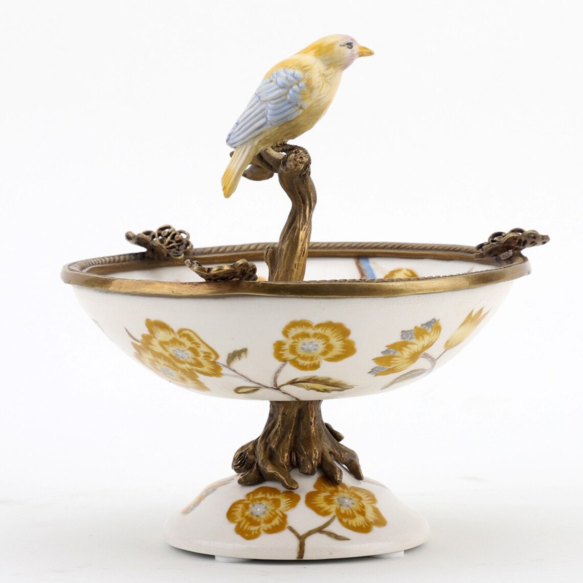 Ormolu Porcelain Bird Dish with Bronze - Yellow Floral