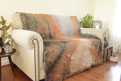 Autumn Authentic Tapestry Throw Blanket - Decorative Orange Fall Leaves Forest Woven Stitched Design - 50