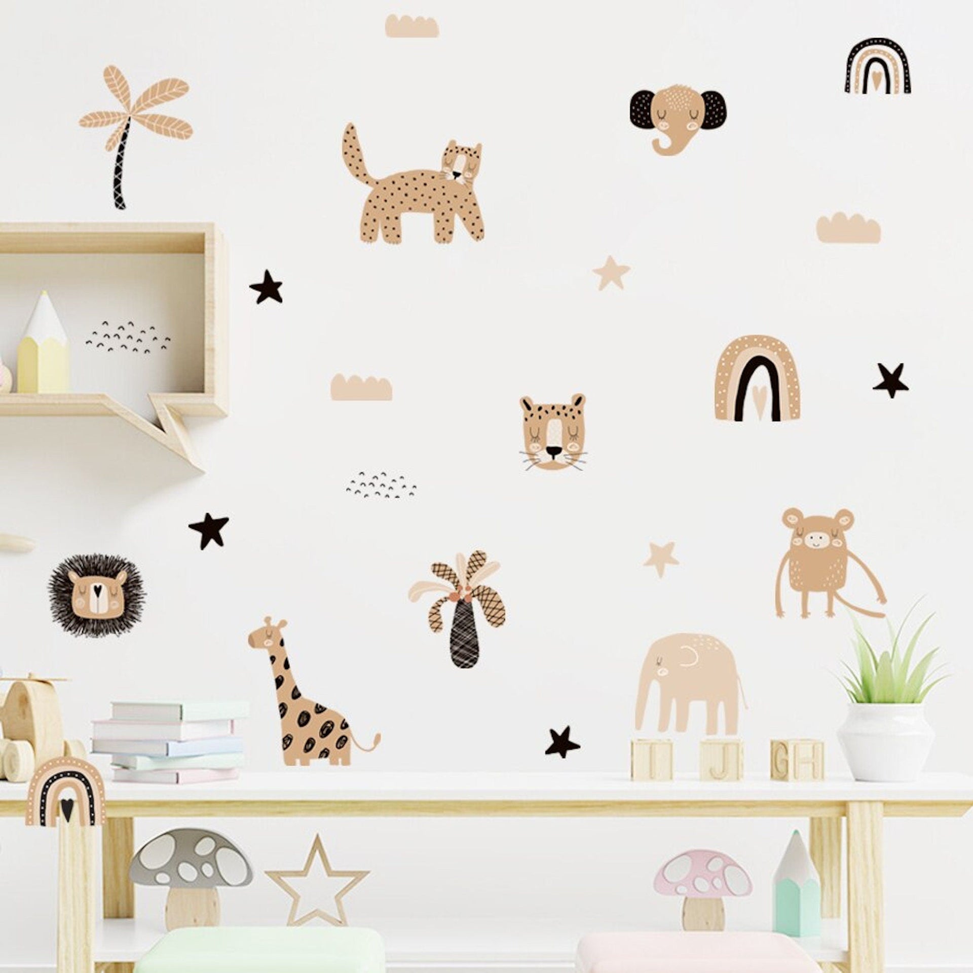 Wandaufkleber Kinder Safari Löwen Elefanten Giraffen als Set