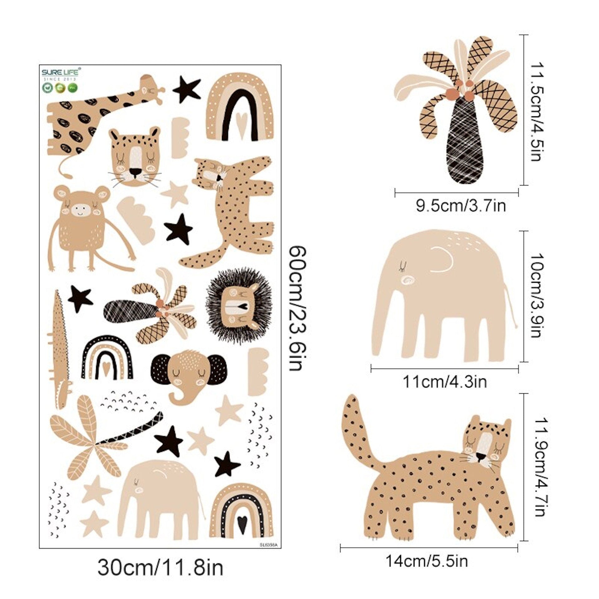 Wandaufkleber Kinder Safari Löwen Elefanten Giraffen als Set