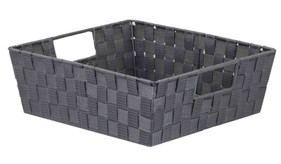 Home Basics Polyester Woven Strap Storage Basket Tray, Gray, Large, 15x13x5 Inches