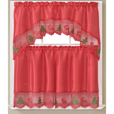 Jovie Christmas Tree Kitchen Curtain Set with Fringes, Red, Swag Valance 60x36, Tiers 30x36 Inches