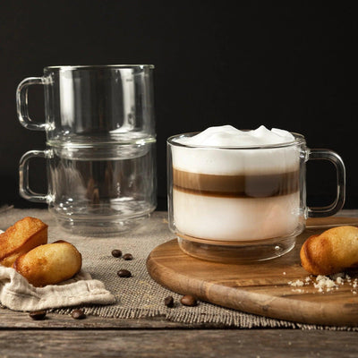 Insulated Double-Wall Glass Coffee Tea Hot or Cold Beverage Mug 2 Piece Set 500ml, Barista
