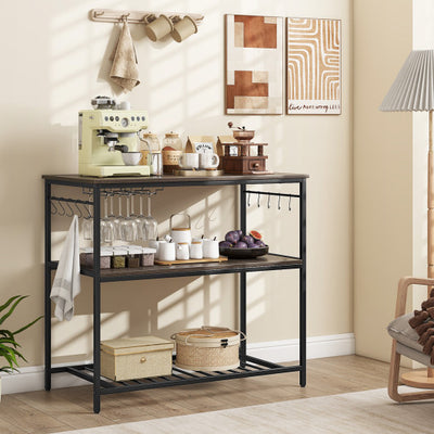 Kitchen Island with 3 Shelves Wine Glass Holders and 10 Hooks-Gray