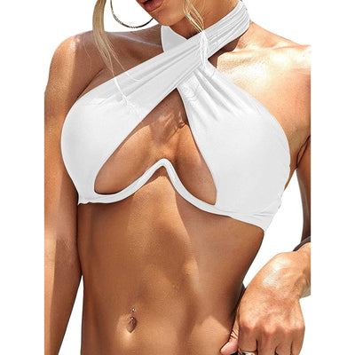 Ladies Summer Solid Color Swimsuit Female Detachable Shoulder Strap Halter Bikini Women's Bikini Swimsuits One Piece Bathing Suits Tie Knot Cutout Swimwear with Crisscross Design
