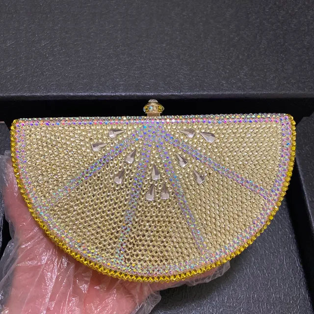 Lemon Shape AB/Gold Rhinestone Small Women Shoulder Bag Luxury Designer Lady Girls Evening Clutches Wedding Party Chain Purse