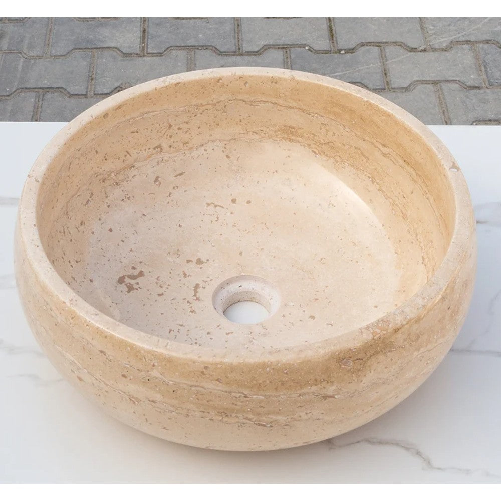 Light Beige Travertine Natural Stone Vessel Sink Filled and Polished (D)16