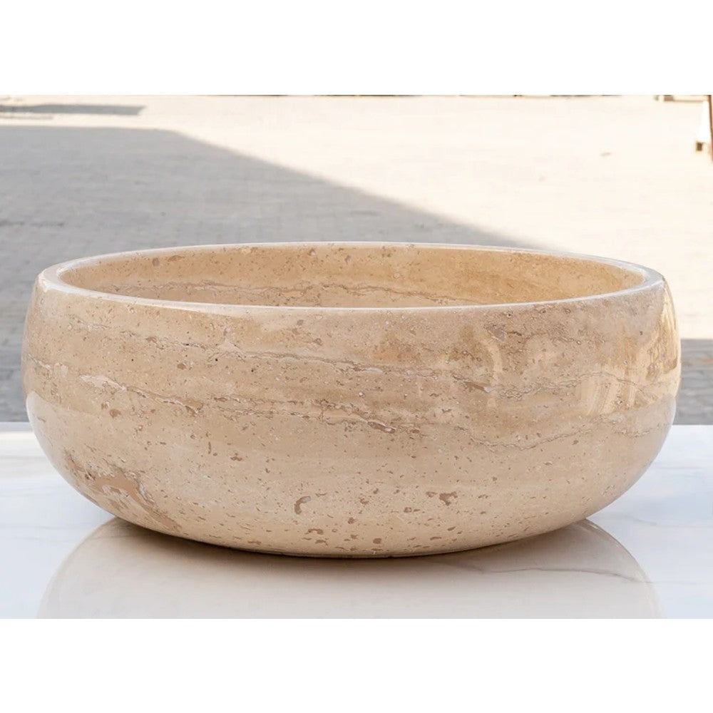 Light Beige Travertine Natural Stone Vessel Sink Filled and Polished (D)16