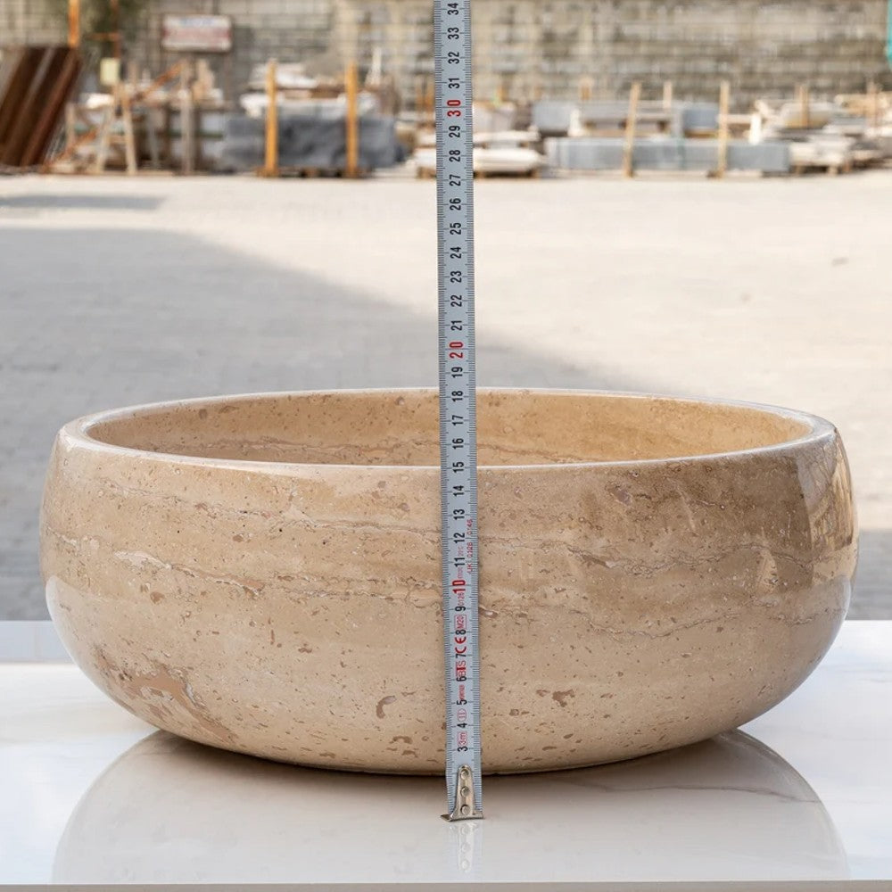 Light Beige Travertine Natural Stone Vessel Sink Filled and Polished (D)16