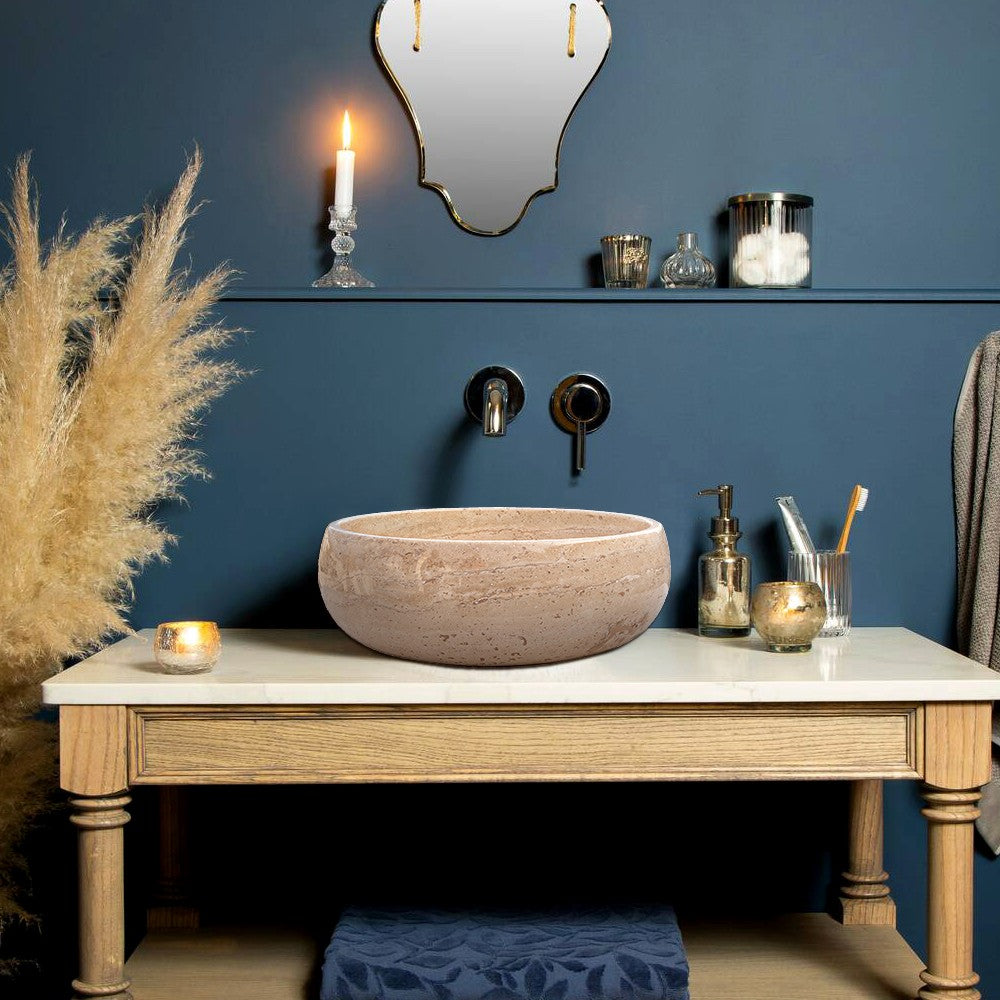 Light Beige Travertine Natural Stone Vessel Sink Filled and Polished (D)16