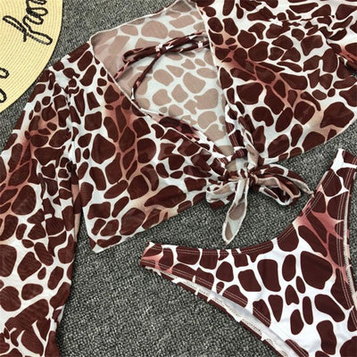 Long Sleeve Mesh Bikini Swimwear Women Three Pieces Leopard Swimsuit Female Summer Bathing Suit Brazilian 3 Pieces Set Knot Front Off Shoulder Cover Up with Halter Bikini Sets Bathing Suit