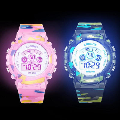 Luminous Camouflage Kids Watches LED Colorful Flash Digital Waterproof Alarm Date Week Digital Sport Watch For Boys Girls Kid Waterproof Electronic Multi Function Casual Outdoor Watches