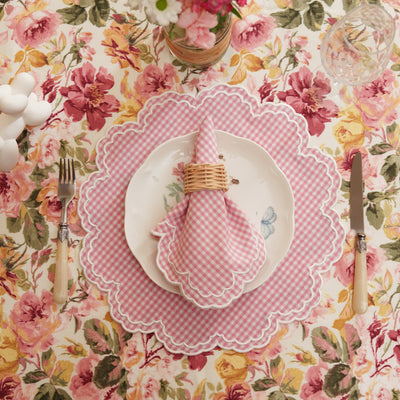 SPRING TABLE DECOR – MAGNOLIA PINK GINGHAM WHITE TRIM PLACEMAT & NAPKIN SET