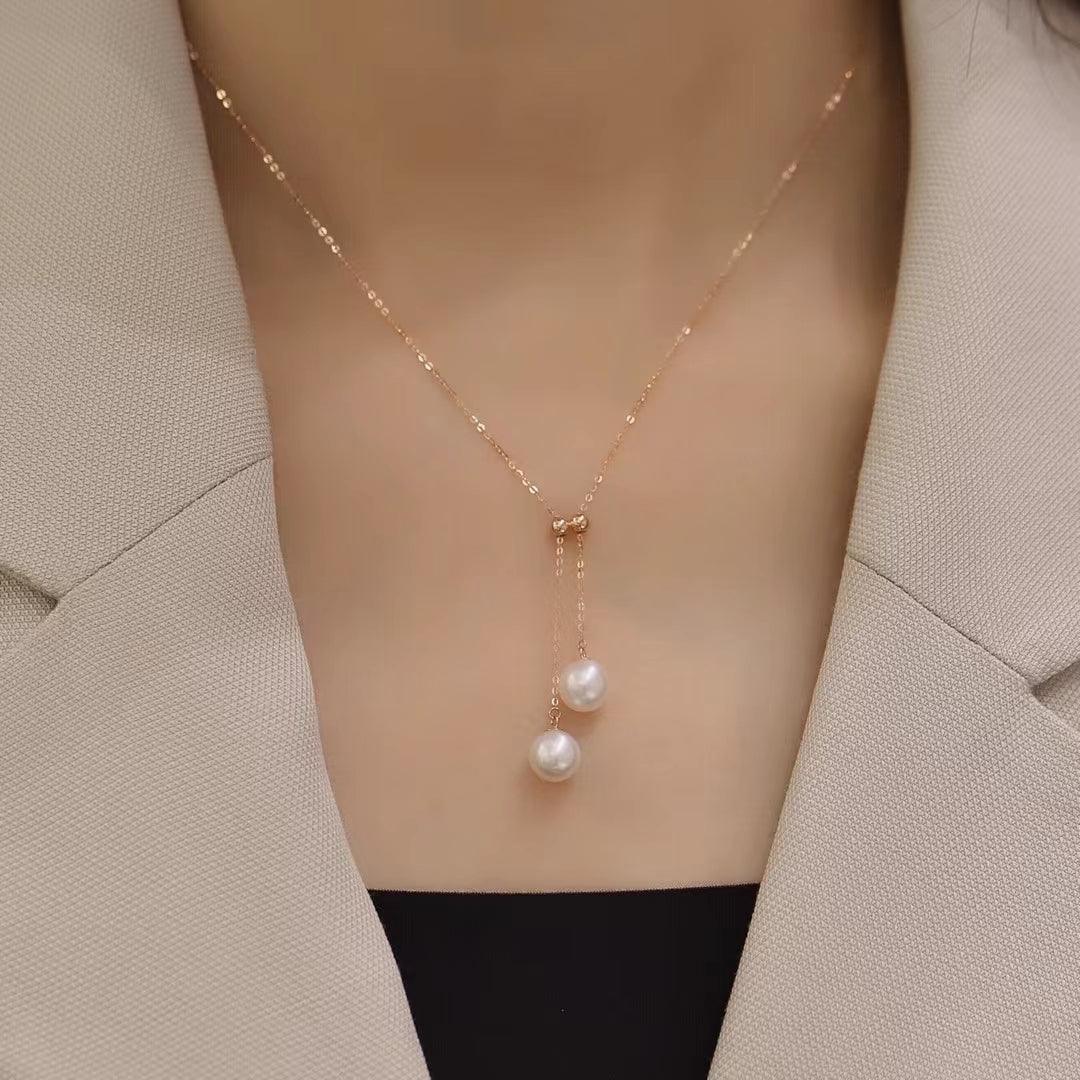 18K Gold Chain Necklace With Freshwater Pearl  7.5-8mm