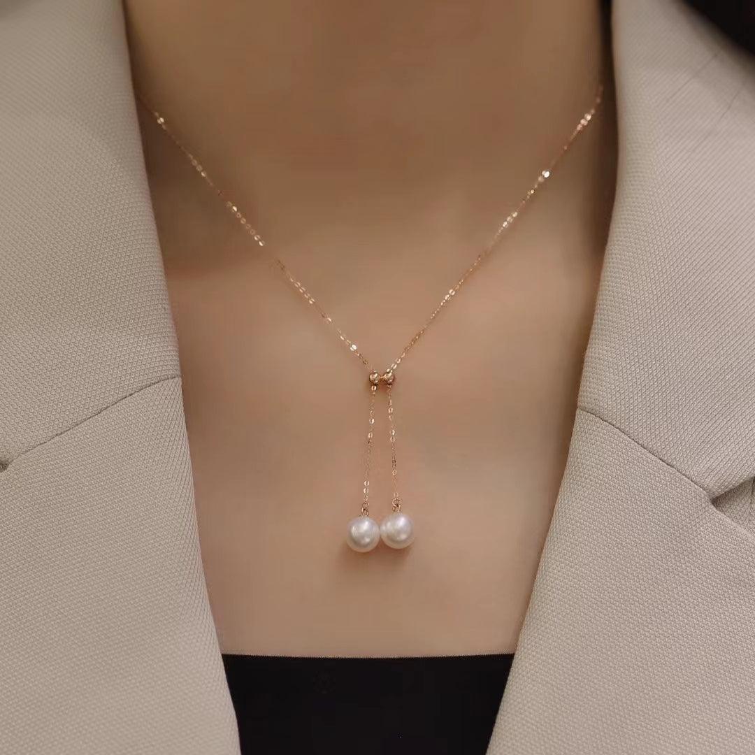 18K Gold Chain Necklace With Freshwater Pearl  7.5-8mm