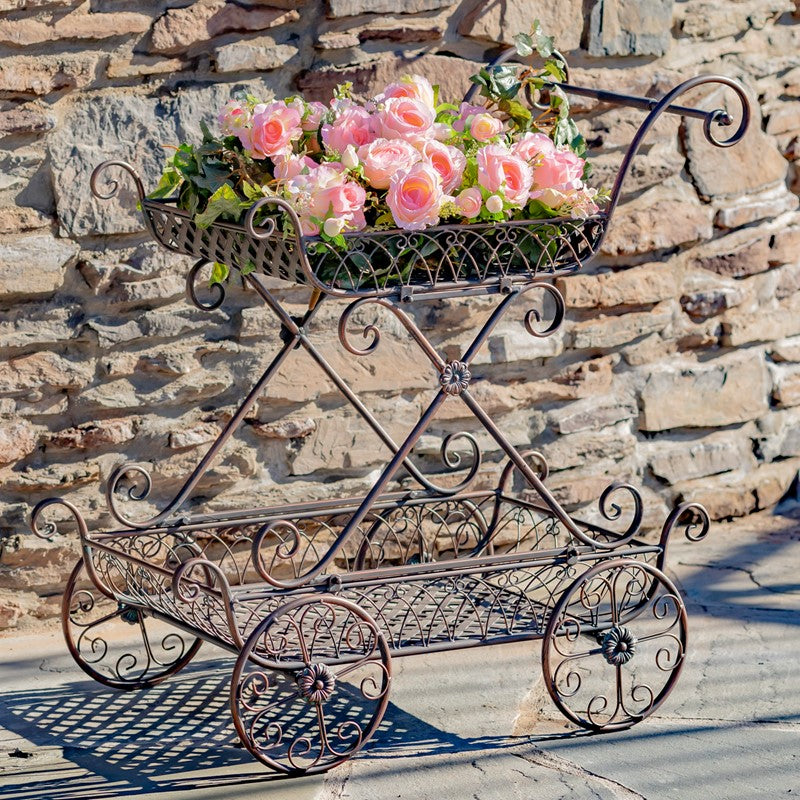 Two Tier Iron Flower Push Cart
