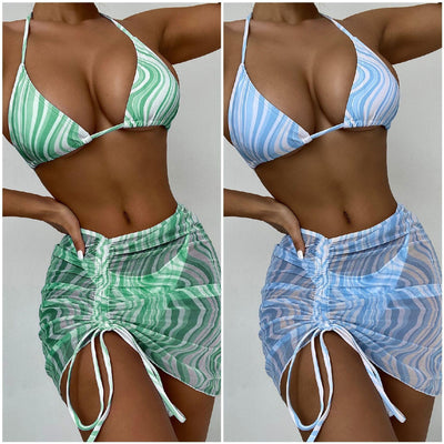 Modern Print Bikini Triangle Swimsuit Bikini 3 Piece Set Women's Swimsuit with Short Mesh Sheer Wrap Cover Ups Beach Skirt Bathing Suit Women Halter Swimwear Women Skirt 3 Pieces Set Elegant Bathing Suit Beach Wear