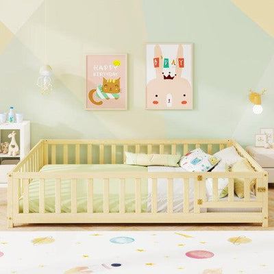 Montessori Bed Frame with Full-length Guardrails Safety Door and Latch-Natural